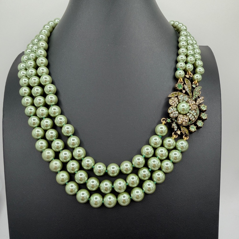 HEIDI DAUS Signed MultiStrand Mint Green Faux Pearl Rhinestone Crystal Necklace